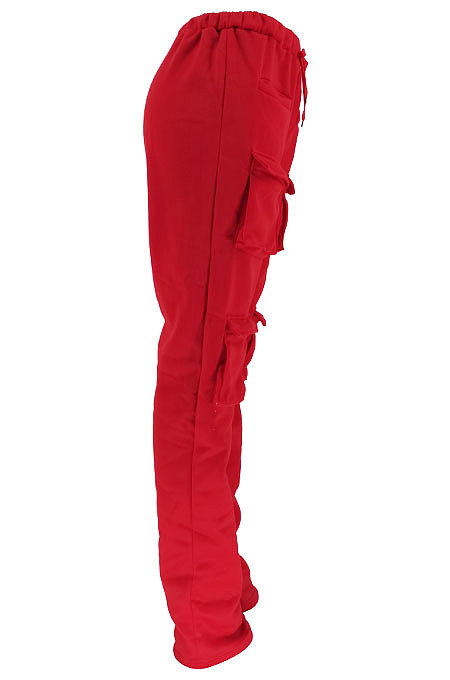 Blue Women Pure Color More Pocket Mid Waist Long Pants SMY8063-4