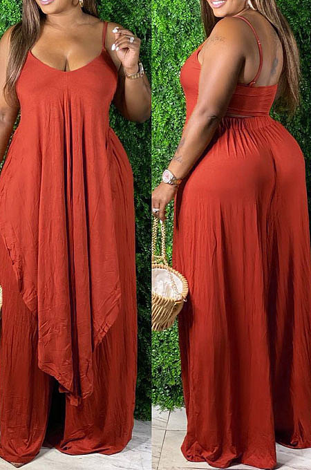 Orange Sexy Pure Color Condole Belt Irregularity Top Wide Leg Pants Sets QZ7003-2