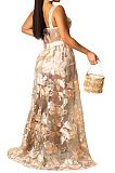 Apricot Women Sexy Condole Belt Embroidered Net Cloth Fashion Jumpsuits Skirts Sets YF9037B