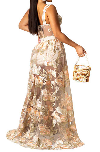 Apricot Women Sexy Condole Belt Embroidered Net Cloth Fashion Jumpsuits Skirts Sets YF9037B