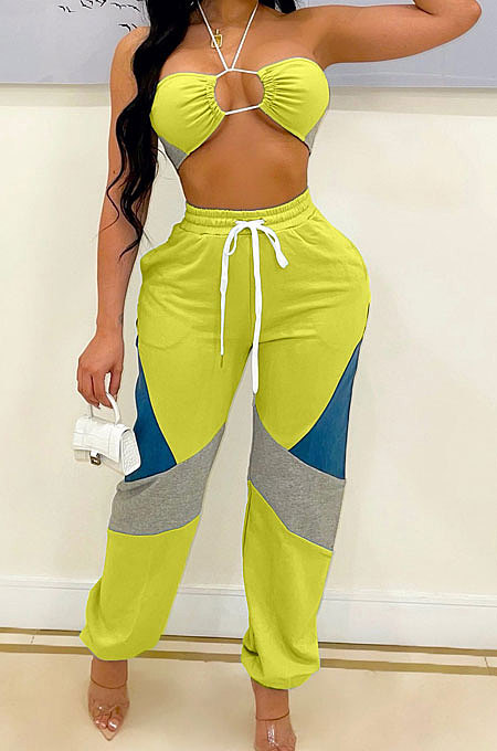 Yellow Sexy Sport Colorful Zip Back Strapless+Banded Pantd Casual Sets QZ7001-1