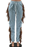 Gray Euramerican Casual Fashion Pure Color Stereoscopic Pocket Tassel Tied Long Pants MLM9076-2