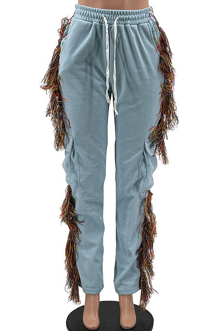 Gray Euramerican Casual Fashion Pure Color Stereoscopic Pocket Tassel Tied Long Pants MLM9076-2
