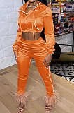 Black Euramerican Women Casual Solid Color Long Sleeve Hooded Zipper Crop Bodycon Pants Sets MLM9077-1