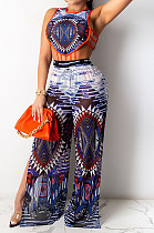 Blue Tanks Fashion Sleeveless Condole Belt Hollow Out Dew Waist Split Pants Sets YF9239