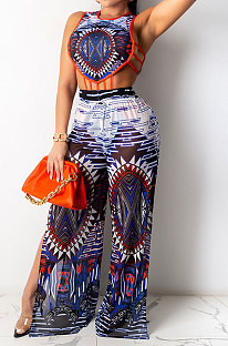 Blue Tanks Fashion Sleeveless Condole Belt Hollow Out Dew Waist Split Pants Sets YF9239