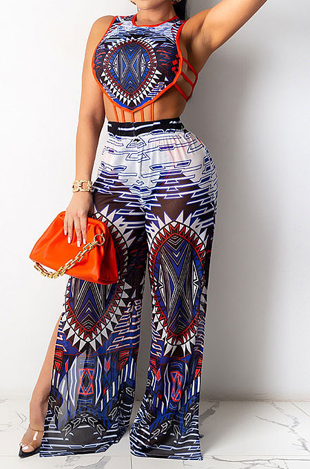 Blue Tanks Fashion Sleeveless Condole Belt Hollow Out Dew Waist Split Pants Sets YF9239