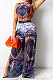 Blue Tanks Fashion Sleeveless Condole Belt Hollow Out Dew Waist Split Pants Sets YF9239