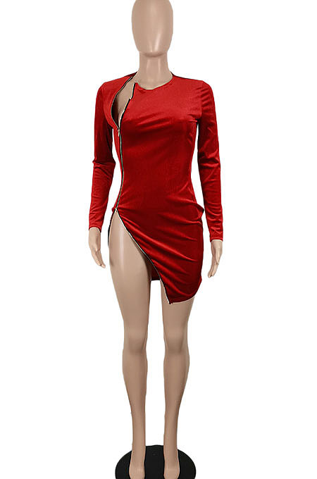 Blue Euramerican Women Sexy Korea Velvet Fashion Double Zipper Long Sleeve Autumn Winter Pure Color Mini Dress SH7281-3