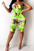 Yellow Wholesale Summer Digital Print Condole Belt Back Cross Ruffle Romper Shorts SZS8069-3