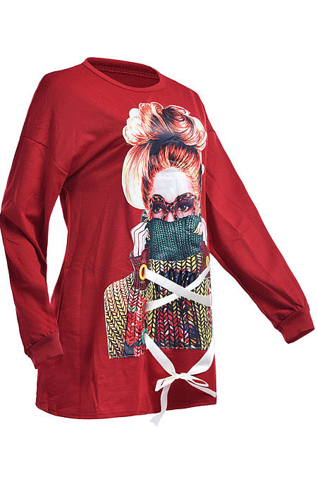 Wine Red Fashion Pattern Print Long Sleeve Loose T Shirt Dress QZ5210-13