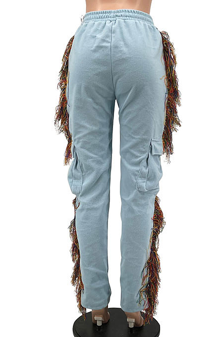 Light Green Euramerican Casual Fashion Pure Color Stereoscopic Pocket Tassel Tied Long Pants MLM9076-5
