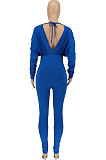 Black Women Autumn Women Solid Color V Collar Batwing Sleeve Collect Waist Back Hollow Out Bodycon Jumpsuits SMY8111-2