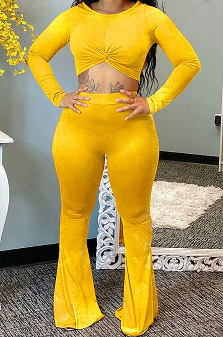 Yellow Velvet Simple Long Sleeve Round Collar Crop Top Flare Pants Solid Color Sets ORY5206