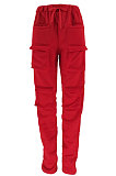 Gray Women Pure Color More Pocket Mid Waist Long Pants SMY8063-2