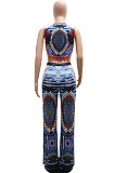 Blue Tanks Fashion Sleeveless Condole Belt Hollow Out Dew Waist Split Pants Sets YF9239