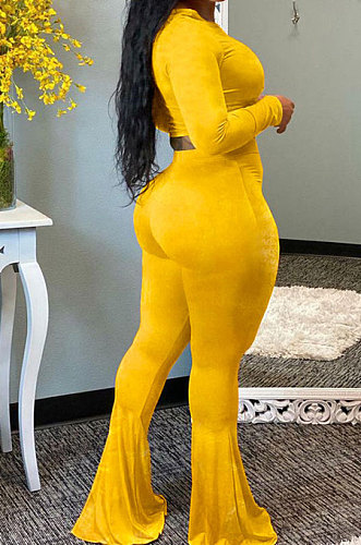 Yellow Velvet Simple Long Sleeve Round Collar Crop Top Flare Pants Solid Color Sets ORY5206