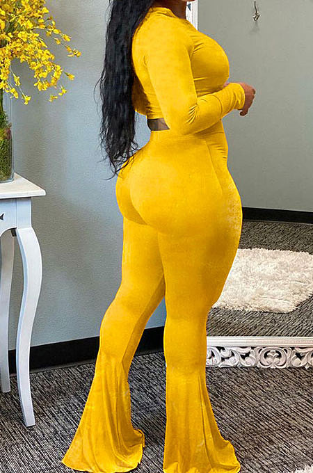 Yellow Velvet Simple Long Sleeve Round Collar Crop Top Flare Pants Solid Color Sets ORY5206