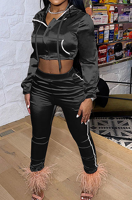 Black Euramerican Women Casual Solid Color Long Sleeve Hooded Zipper Crop Bodycon Pants Sets MLM9077-1