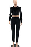 Rose Red Euramerican Women Casual Solid Color Long Sleeve Hooded Zipper Crop Bodycon Pants Sets MLM9077-4
