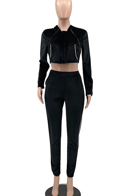 Rose Red Euramerican Women Casual Solid Color Long Sleeve Hooded Zipper Crop Bodycon Pants Sets MLM9077-4