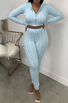 Euramerican Women Pure Color Hooded Cardigan Zipper Sweater Bodycon Pants Sets MA6738