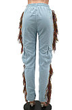 Light Blue Euramerican Casual Fashion Pure Color Stereoscopic Pocket Tassel Tied Long Pants MLM9076-1