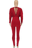 Blue Women Autumn Women Solid Color V Collar Batwing Sleeve Collect Waist Back Hollow Out Bodycon Jumpsuits SMY8111-3