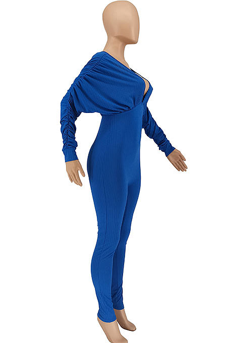 Red Women Autumn Women Solid Color V Collar Batwing Sleeve Collect Waist Back Hollow Out Bodycon Jumpsuits SMY8111-1