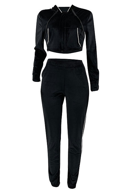 Orange Euramerican Women Casual Solid Color Long Sleeve Hooded Zipper Crop Bodycon Pants Sets MLM9077-3