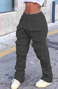 Black Women Pure Color More Pocket Mid Waist Long Pants SMY8063-3