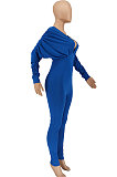 Blue Women Autumn Women Solid Color V Collar Batwing Sleeve Collect Waist Back Hollow Out Bodycon Jumpsuits SMY8111-3