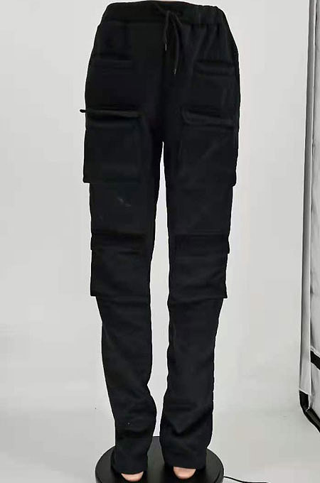 Red Women Pure Color More Pocket Mid Waist Long Pants SMY8063-1