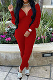 Blue Women Autumn Women Solid Color V Collar Batwing Sleeve Collect Waist Back Hollow Out Bodycon Jumpsuits SMY8111-3