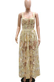 Apricot Women Sexy Condole Belt Embroidered Net Cloth Fashion Jumpsuits Skirts Sets YF9037B
