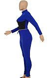 Dark Blue Euramerican Women Solid Color Spliced Tight Sexy Tied Bandage Zipper Pants Sets HZF57801-3