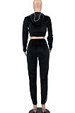 Orange Euramerican Women Casual Solid Color Long Sleeve Hooded Zipper Crop Bodycon Pants Sets MLM9077-3
