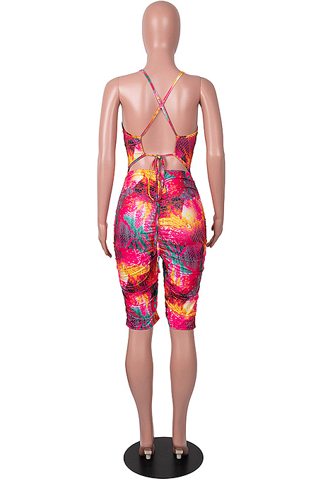 Purple Wholesale Summer Digital Print Condole Belt Back Cross Ruffle Romper Shorts SZS8069-1