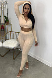 Euramerican Women Pure Color Hooded Cardigan Zipper Sweater Bodycon Pants Sets MA6738