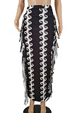 Black Euramerican Casual Tassel Black White Printing Sexy Skirts HZF57807