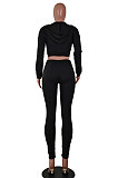 Gray Euramerican Women Solid Color Zipper Long Sleeve Hooded Dew Chest Bodycon Pants Sets SMY81113-1