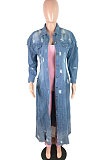 Light Blue Trendy Women Hole Long Sleeve Cardigan Jeans Coat JLX6083