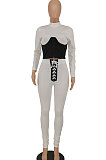 Dark Blue Euramerican Women Solid Color Spliced Tight Sexy Tied Bandage Zipper Pants Sets HZF57801-3