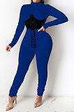 Wine Red Euramerican Women Solid Color Spliced Tight Sexy Tied Bandage Zipper Pants Sets HZF57801-2