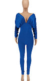 Black Women Autumn Women Solid Color V Collar Batwing Sleeve Collect Waist Back Hollow Out Bodycon Jumpsuits SMY8111-2