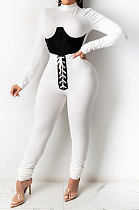 White Euramerican Women Solid Color Spliced Tight Sexy Tied Bandage Zipper Pants Sets HZF57801-1