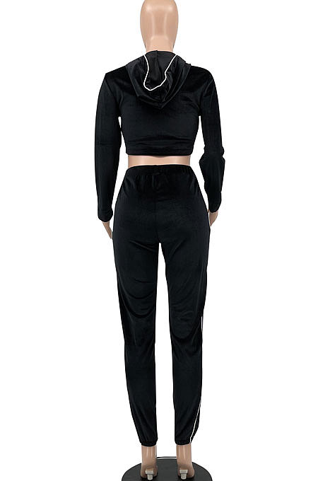 Rose Red Euramerican Women Casual Solid Color Long Sleeve Hooded Zipper Crop Bodycon Pants Sets MLM9077-4