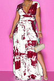 Wine Red Summer Sexy Digital Print V Collar Split Maxi Dress SZS8047-1