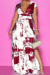 Wine Red Summer Sexy Digital Print V Collar Split Maxi Dress SZS8047-1