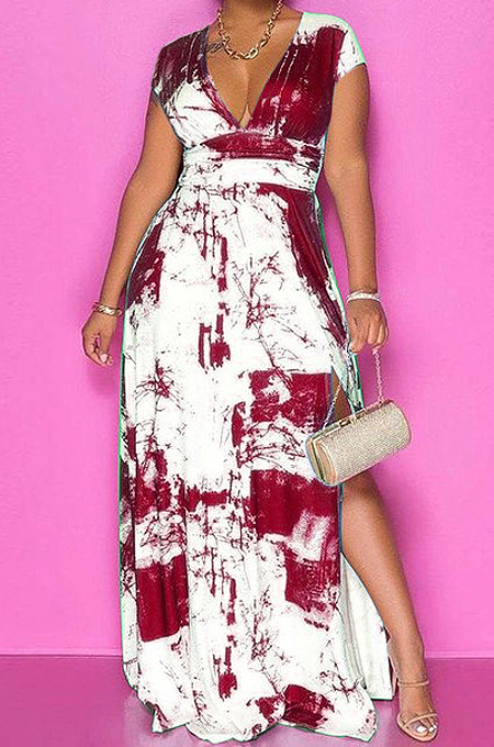 Wine Red Summer Sexy Digital Print V Collar Split Maxi Dress SZS8047-1